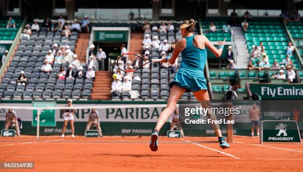 Petra Kvitova of Czech Republic plays a forehand during the ladies singles first round match against Veronica Cepede Royg of Paraguay during day two...