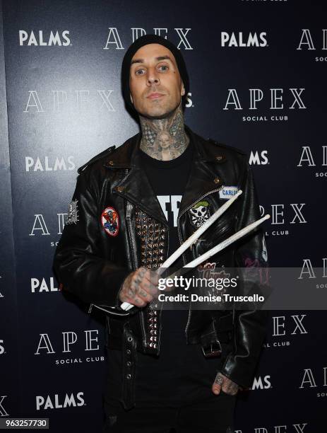 Travis Barker arrives at day 3 of the grand opening weekend of APEX Social Club at Palms Casino Resort on May 27, 2018 in Las Vegas, Nevada.