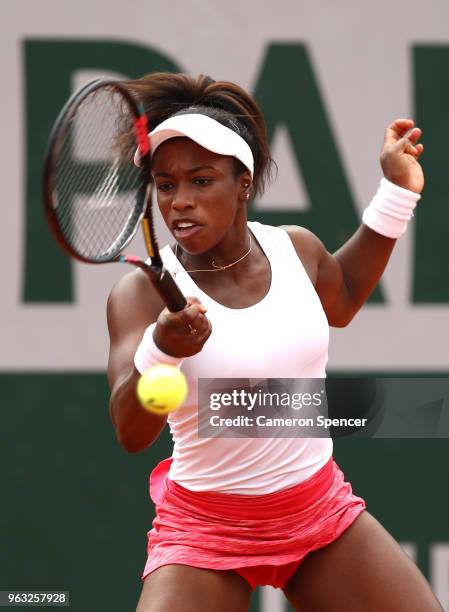 Sachia Vickery of The United States plays a forehand during the ladies singles first round match against Madison Keys of The United States during day...