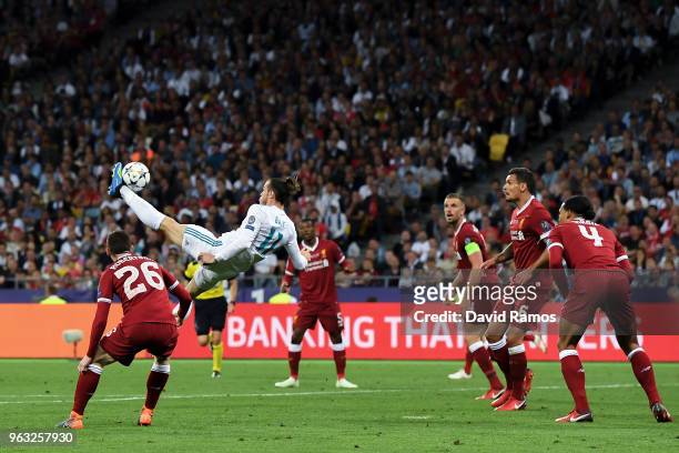 Gareth Bale of Real Madrid CF scores his team's second goal during the UEFA Champions League final between Real Madrid and Liverpool on May 26, 2018...