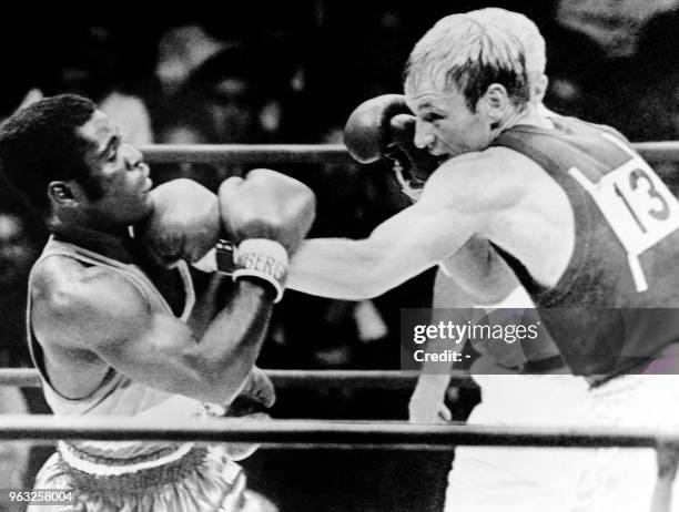 Joseph Bessala from Cameroon fights against Manfred Wolke from East Germany during the summer Olympics boxing Final Welterweight, on October 26, 1968...