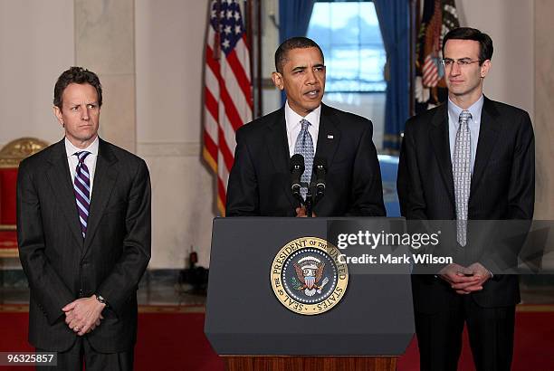 President Barack Obama speaks about his budget for fiscal year 2011, while flanked by Treasury Secretary Timothy Geithner and White House budget...