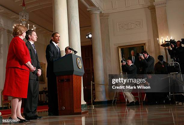 President Barack Obama speaks about his budget for fiscal year 2011, while flanked by Christina Romer Chair of the Council of Economic Advisers,...
