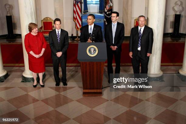 President Barack Obama speaks about his budget for fiscal year 2011, while flanked by Christina Romer Chair of the Council of Economic Advisers,...