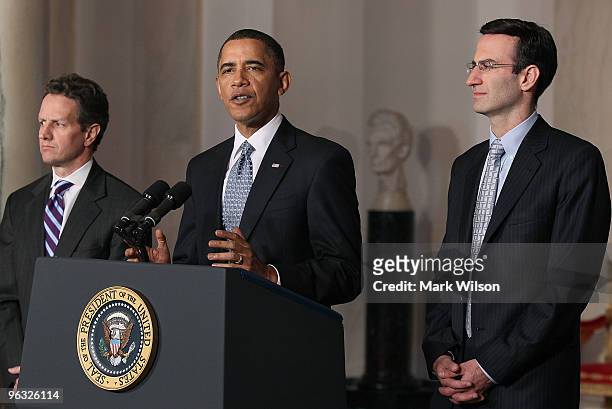 President Barack Obama speaks about his budget for fiscal year 2011, while flanked by Treasury Secretary Timothy Geithner and White House budget...