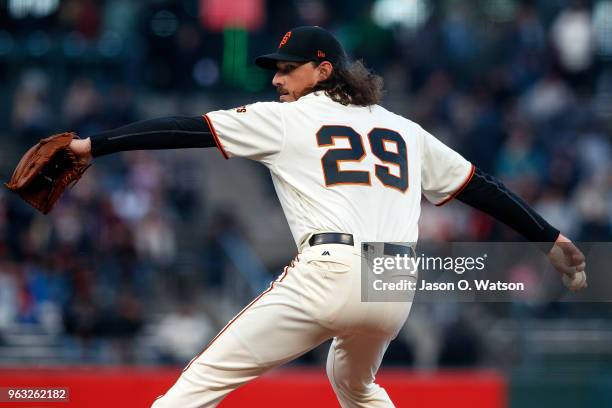 Jeff Samardzija of the San Francisco Giants pitches against the Colorado Rockies during the first inning at AT&T Park on May 17, 2018 in San...