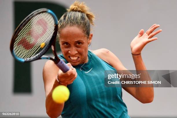 Madison Keys of the US plays a return to compatriot Sachia Vickery during their women's singles first round match on day two of The Roland Garros...