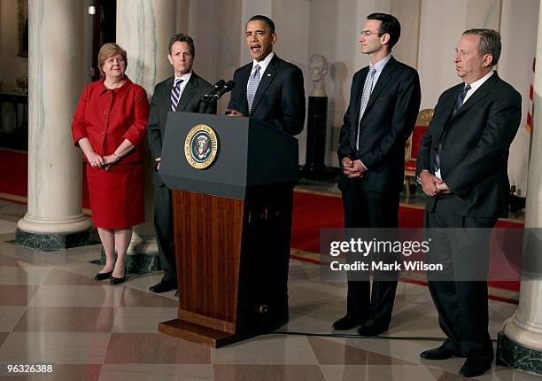 President Barack Obama speaks about his budget for fiscal year 2011, while flanked by Christina Romer Chair of the Council of Economic Advisers,...