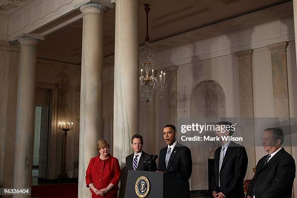 President Barack Obama speaks about his budget for fiscal year 2011, while flanked by Christina Romer Chair of the Council of Economic Advisers,...