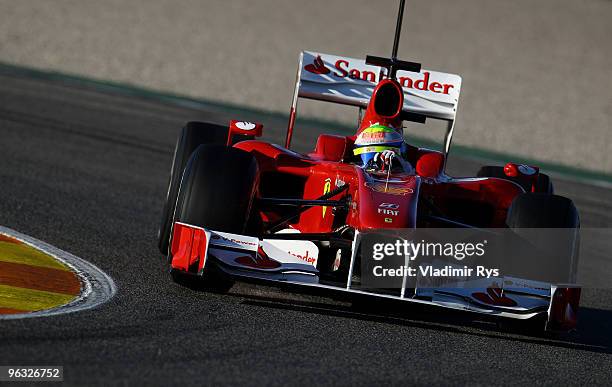 Felipe Massa of Brazil and Ferrari drives his car at the Ricardo Tormo Circuit on February 1, 2010 in Valencia, Spain.