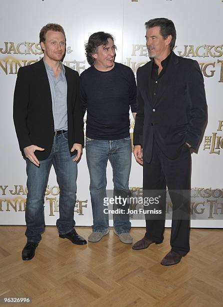 Kevin McKidd, Steve Coogan and Pierce Brosnan attends photocall for 'Percy Jackson & The Lightning Thief' on February 1, 2010 in London, England.