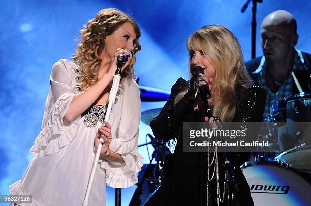 Musicians Taylor Swift and Stevie Nicks onstage at the 52nd Annual GRAMMY Awards held at Staples Center on January 31, 2010 in Los Angeles,...