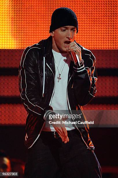 Rapper Eminem onstage at the 52nd Annual GRAMMY Awards held at Staples Center on January 31, 2010 in Los Angeles, California.