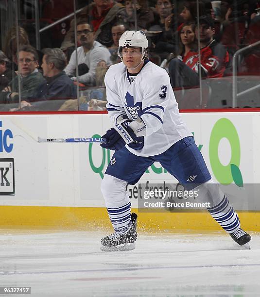 Garnet Exelby of the Toronto Maple Leafs skates against the New Jersey Devils at the Prudential Center on January 29, 2010 in Newark, New Jersey.