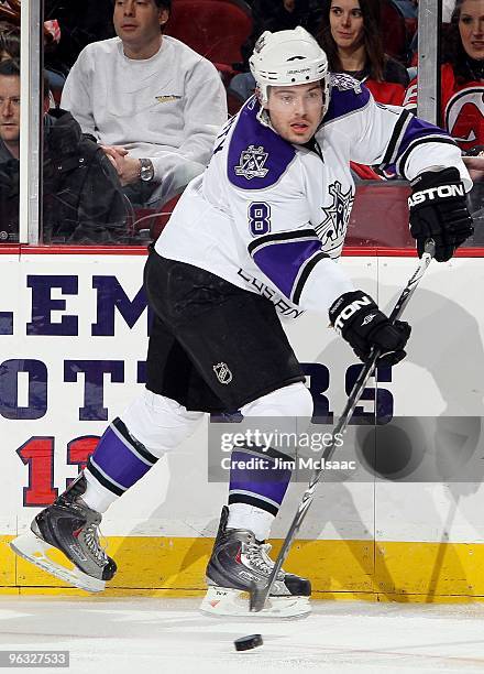 Drew Doughty of the Los Angeles Kings skates against the New Jersey Devils at the Prudential Center on January 31, 2010 in Newark, New Jersey. The...