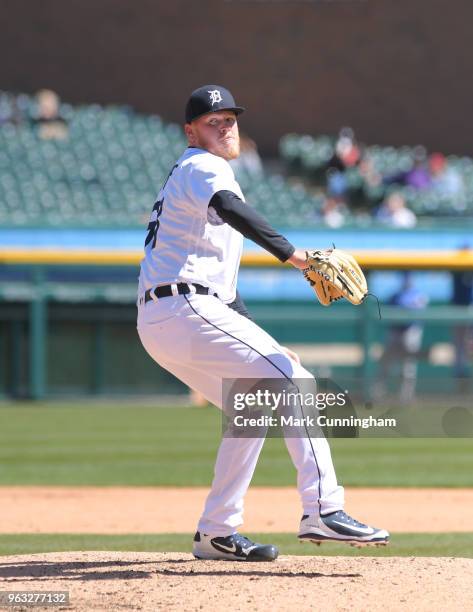 Daniel Stumpf of the Detroit Tigers throws a warm-up pitch during game one of a doubleheader against the Kansas City Royals at Comerica Park on April...