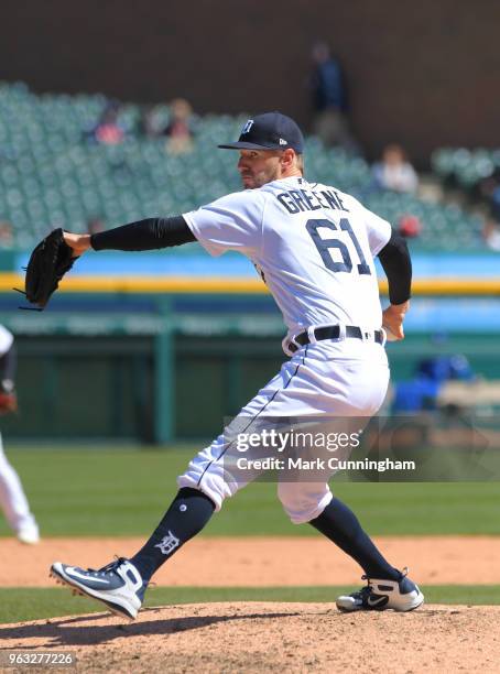 Shane Greene of the Detroit Tigers pitches during game one of a doubleheader against the Kansas City Royals at Comerica Park on April 20, 2018 in...