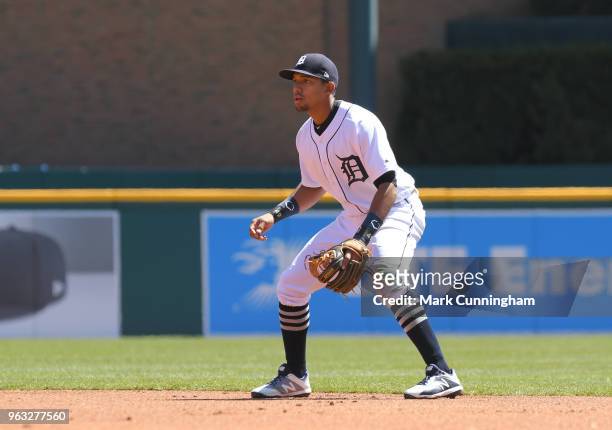 Dixon Machado of the Detroit Tigers fields during game one of a doubleheader against the Kansas City Royals at Comerica Park on April 20, 2018 in...