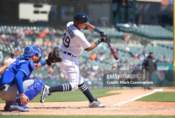 Dixon Machado of the Detroit Tigers bats during game one of a doubleheader against the Kansas City Royals at Comerica Park on April 20, 2018 in...