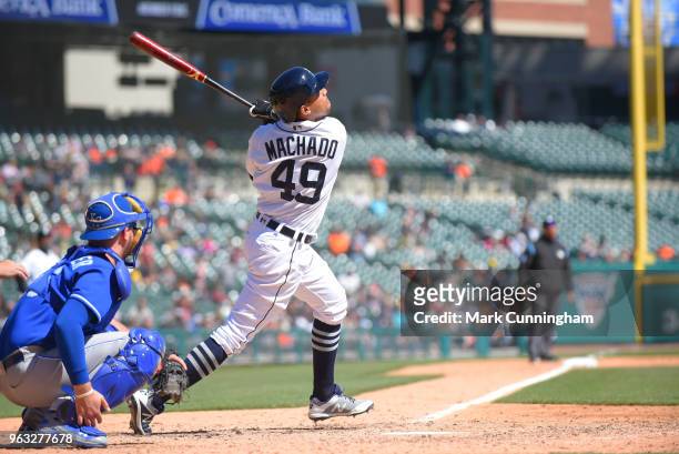 Dixon Machado of the Detroit Tigers bats during game one of a doubleheader against the Kansas City Royals at Comerica Park on April 20, 2018 in...