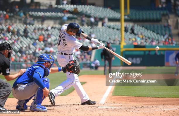 Nicholas Castellanos of the Detroit Tigers bats during game one of a doubleheader against the Kansas City Royals at Comerica Park on April 20, 2018...