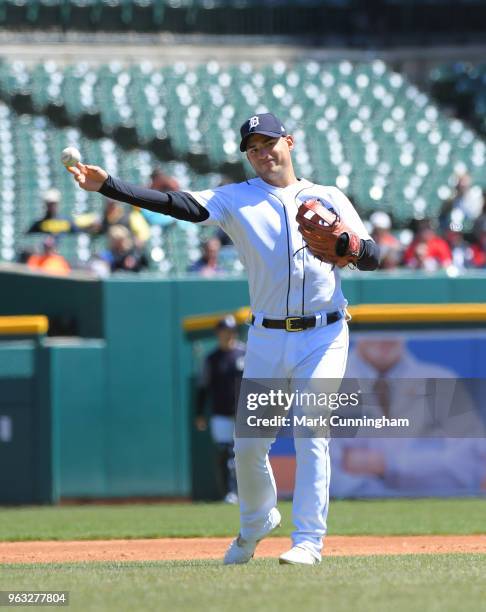 Jose Iglesias of the Detroit Tigers throws a baseball during game one of a doubleheader against the Kansas City Royals at Comerica Park on April 20,...