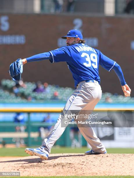 Jason Hammel of the Kansas City Royals pitches during game one of a doubleheader against the Detroit Tigers at Comerica Park on April 20, 2018 in...