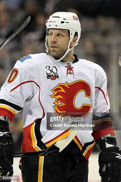 Right wing Brian McGrattan of the Calgary Flames at American Airlines Center on January 27, 2010 in Dallas, Texas.