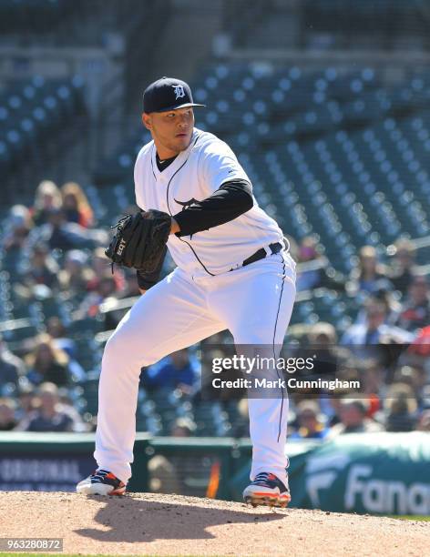 Joe Jimenez of the Detroit Tigers pitches during game one of a doubleheader against the Kansas City Royals at Comerica Park on April 20, 2018 in...