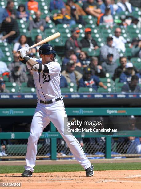 Nicholas Castellanos of the Detroit Tigers bats during game one of a doubleheader against the Kansas City Royals at Comerica Park on April 20, 2018...