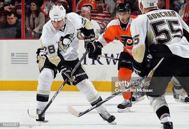 Eric Godard of the Pittsburgh Penguins skates against the Philadelphia Flyers on January 24, 2010 at Wachovia Center in Philadelphia, Pennsylvania....