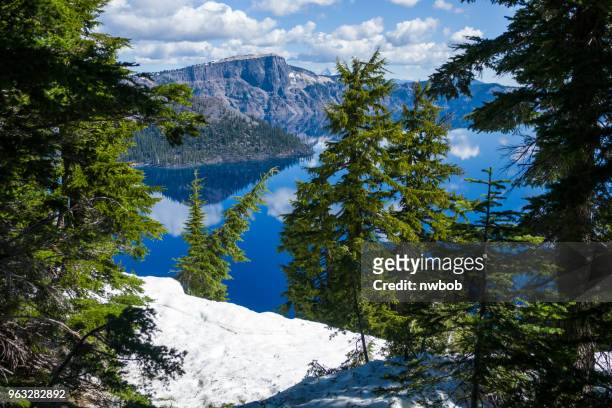 snow and forest around crater lake - wizard island stock pictures, royalty-free photos & images