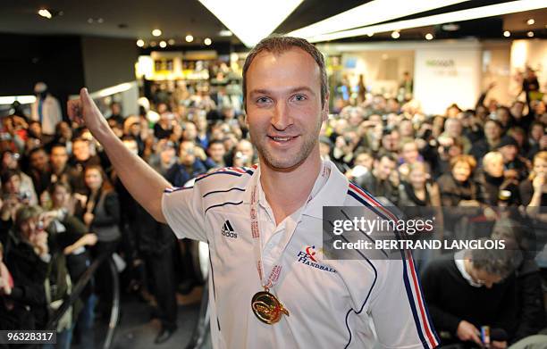 France's national handball team goalkeeper Thierry Omeyer poses during a press conference on February 1, 2010 in Paris, the day after France's won...