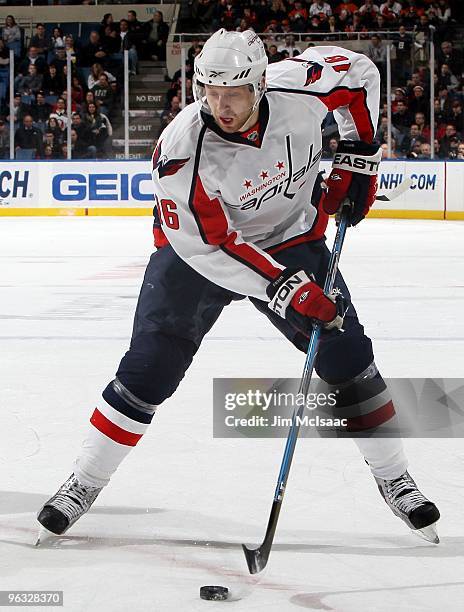 Eric Fehr of the Washington Capitals skates against the New York Islanders on January 26, 2010 at Nassau Coliseum in Uniondale, New York.