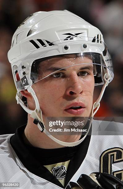 Sidney Crosby of the Pittsburgh Penguins looks on against the Philadelphia Flyers on January 24, 2010 at Wachovia Center in Philadelphia,...