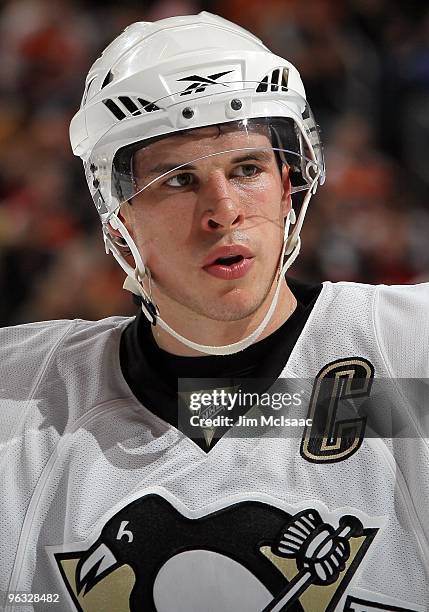 Sidney Crosby of the Pittsburgh Penguins looks on against the Philadelphia Flyers on January 24, 2010 at Wachovia Center in Philadelphia,...