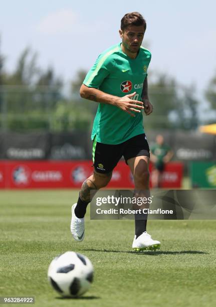 Josh Risdon of Australia watches the ball during the Australian Socceroos Training Session at the Gloria Football Club on May 28, 2018 in Antalya,...