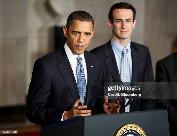 President Barack Obama speaks about the government's 2011 fiscal year budget while Peter Orszag, director of the Office of Management and Budget,...