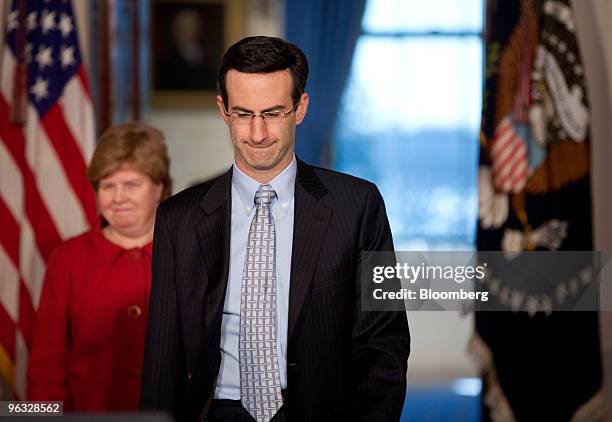 Peter Orszag, director of the U.S. Office of Management and Budget, center, and Christina Romer, chairman of the Council of Economic Advisers, arrive...