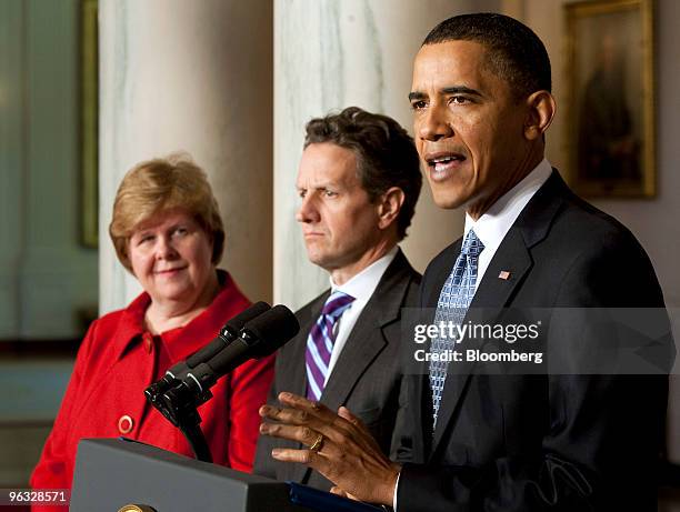 President Barack Obama speaks about the government's 2011 fiscal year budget while Christina Romer, chairman of the Council of Economic Advisers,...