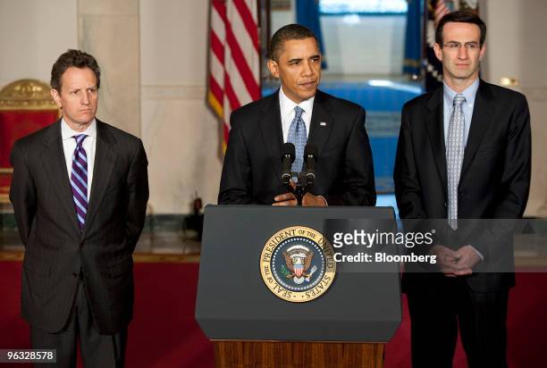 President Barack Obama, flanked by Timothy Geithner, treasury secretary, left, and Peter Orszag, director of the Office of Management and Budget, as...