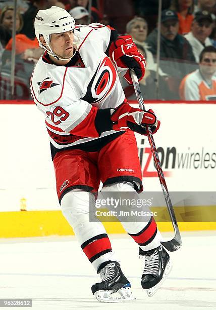 Tom Kostopoulos of the Carolina Hurricanes skates against of the Philadelphia Flyers on January 23, 2010 at Wachovia Center in Philadelphia,...