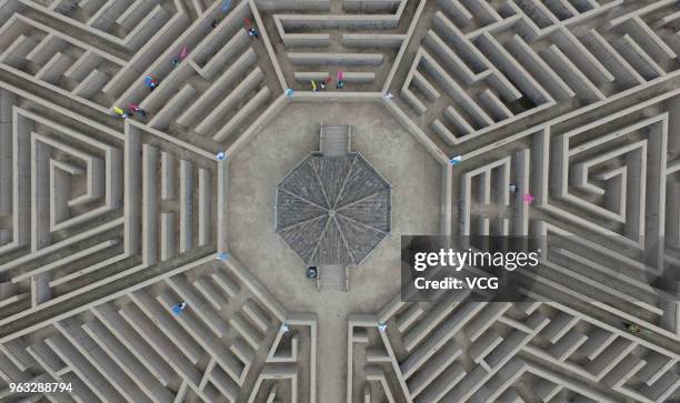 Aerial view of tourists finding their way out of a maze featuring eight-diagram pattern during the 9th Linyi Zhuge Liang Cultural Tourism Festival at...