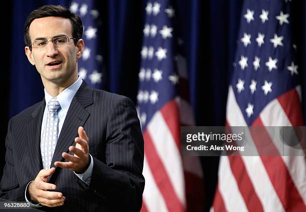 Director of the White House Office of Management and Budget Peter Orszag speaks during a news conference at the Eisenhower Executive Office Building...
