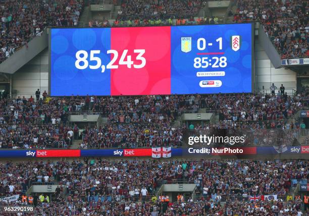 Scoreboard show attendance during the Championship Play-Off Final match between Fulham and Aston Villa at Wembley, London, England on 26 May 2018.