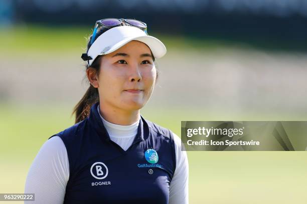 Su Oh, of Australia, looks at the gallery on the 18th green after putting out during the final round of the LPGA Volvik Championship on May 27, 2018...