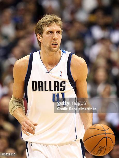 Forward Dirk Nowitzki of the Dallas Mavericks on January 26, 2010 at American Airlines Center in Dallas, Texas. NOTE TO USER: User expressly...