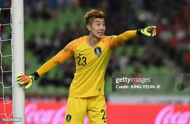 South Korea's goalkeeper Jo Hyeon-woo is seen during a friendly football match between South Korea and Honduras in Deagu on May 28, 2018. - World...