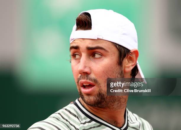Jordan Thompson of Australia looks on during his mens singles first round match against Casper Ruud of Norway during day two of the 2018 French Open...