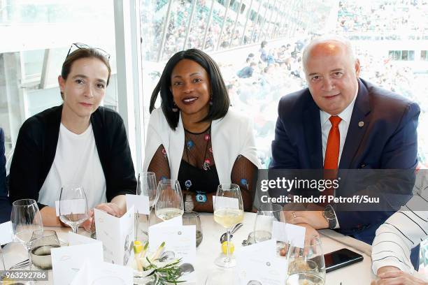 President of France Television, Delphine Ernotte, Sport Mininister Laura Flessel and President of French Tennis Federation Bernard Giudicelli attend...